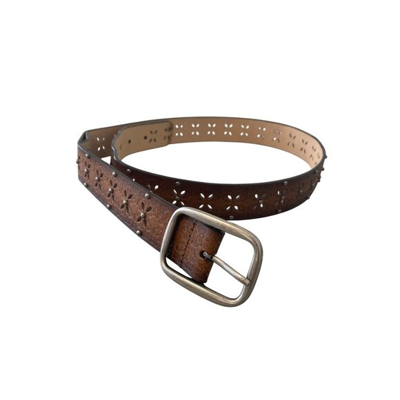 Studded Bonded Leather Belt Size Large Brown Floral Laser Cutout Silver Buckle - Picture 1 of 8